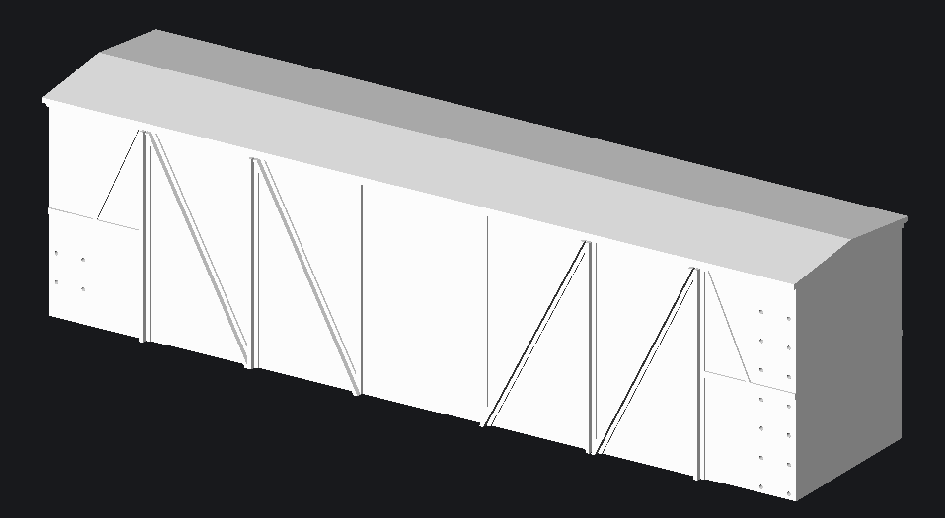 3D model, lacking in a lot of detail as it is still in progress, of the top part of a box car.